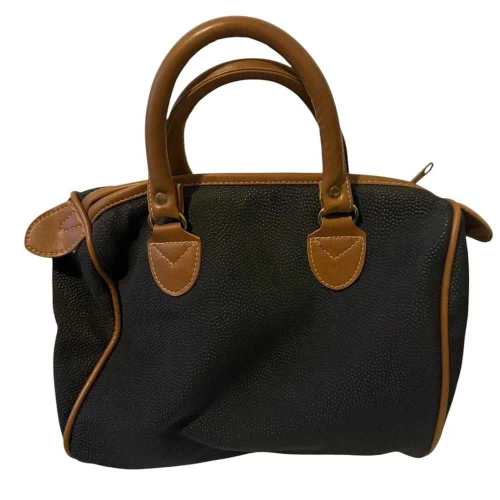 Bag Bazaar Black Brown Satchel Top Handle Zip Inner Pockets Pebble Leather Vtg